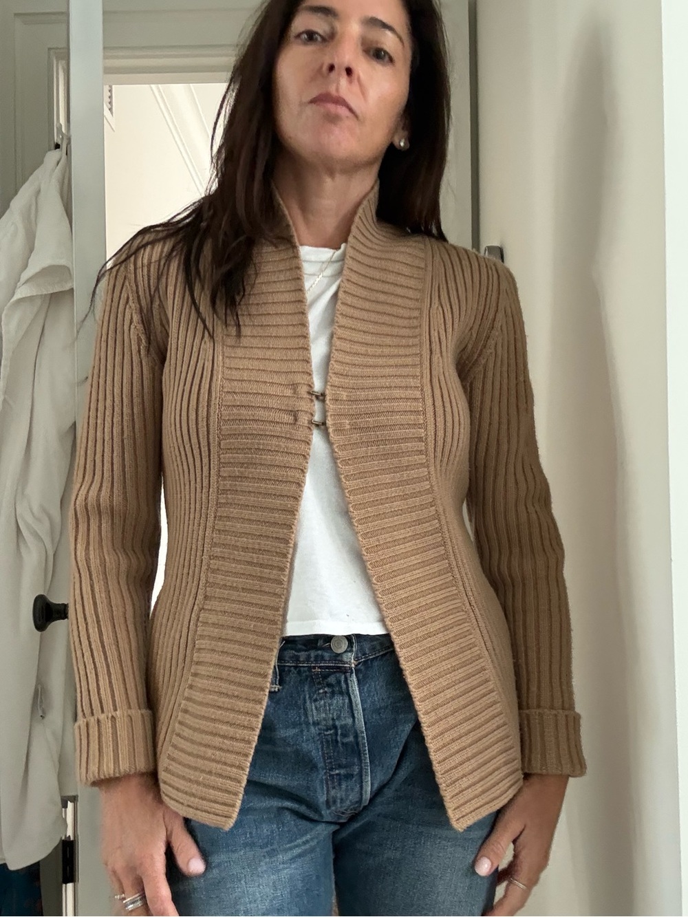 Jean Paul Gaultier Camel Ribbed Open-Front Cardigan